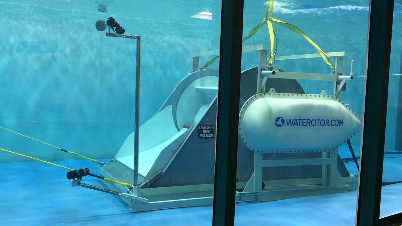 Waterotor submerged in the Marine Institute flume tank, seen through the viewing window
