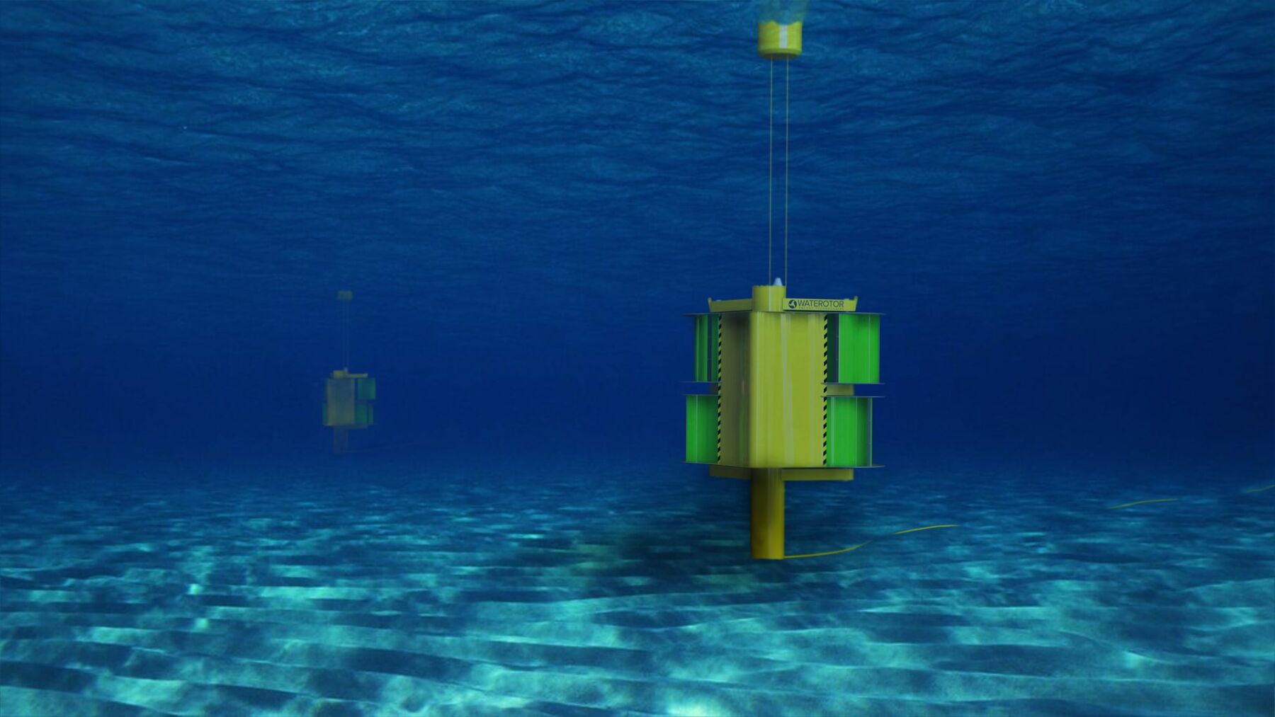 Rendering of a vertical Waterotor system anchored beneath the ocean surface