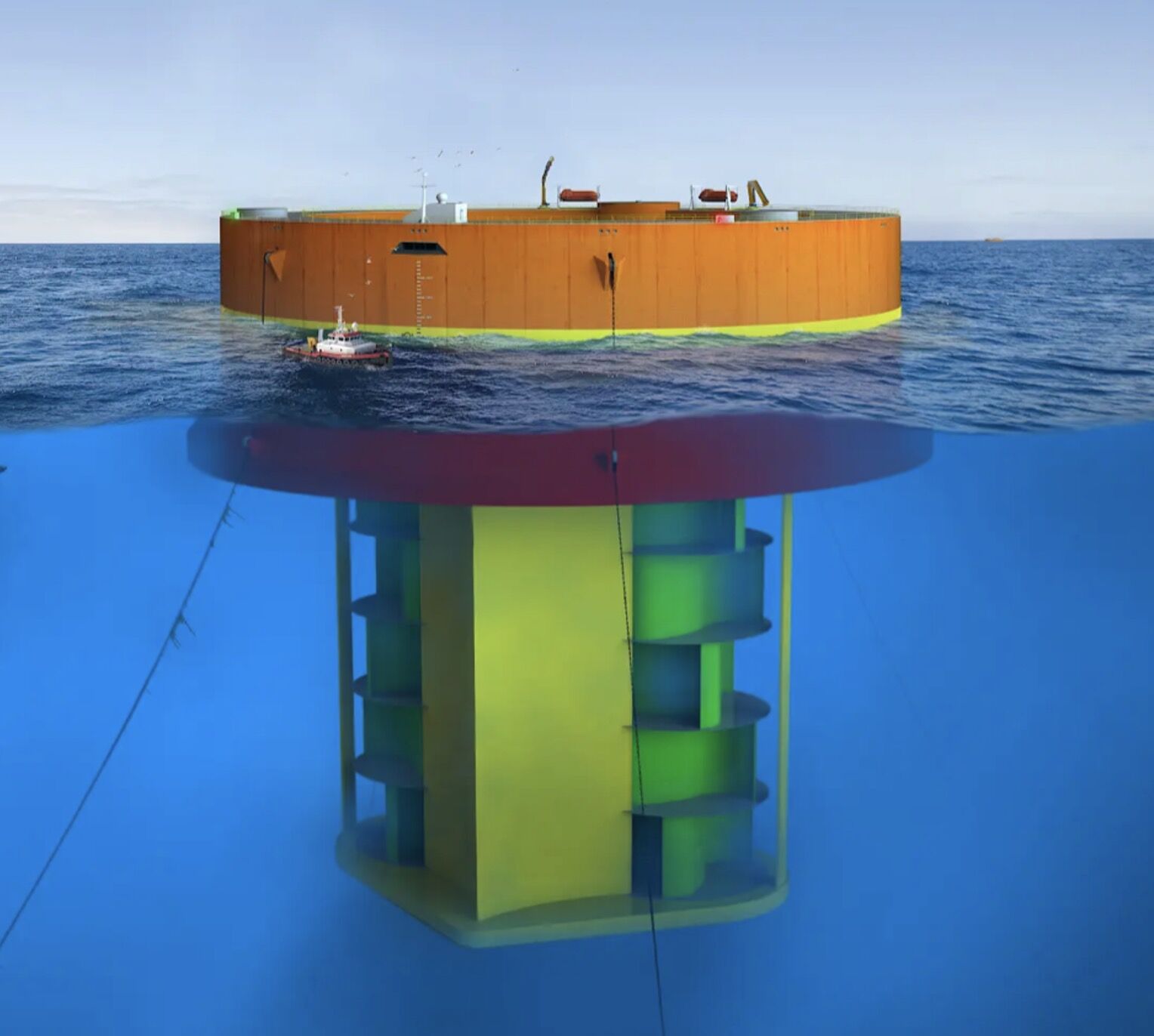 Rendering of a vertical Waterotor ocean system suspended beneath a round floating platform