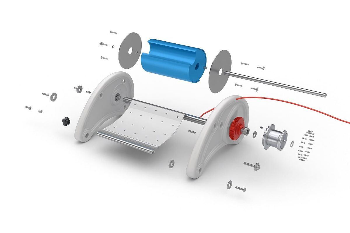 Exploded technical drawing of the Waterotor showing the rotor drum, curved blades, side plates and generator